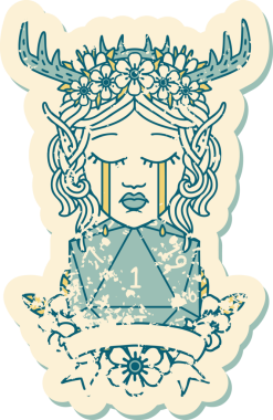 Retro Dövme Tarzı Üzgün Elf Karakteri Yüzü Doğal bir D20 ruloyla Bir insan tarafından çizilmiş