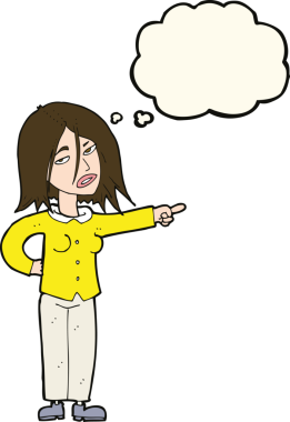 Bir insan tarafından çizilmiş düşünce balonuyla işaret eden çizgi film kadını.