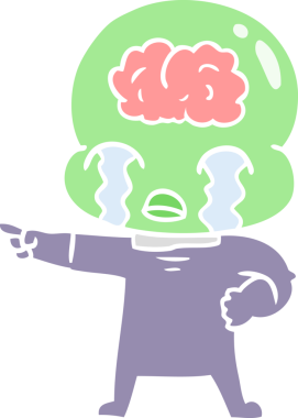 Düz renkli çizgi film. Büyük beyin uzaylıları ağlıyor ve bir insan tarafından çiziliyor.