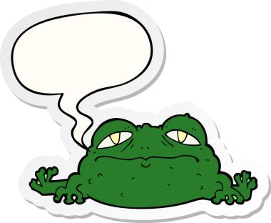 Bir insan tarafından çizilmiş konuşma balonu çıkartmalı çirkin kurbağa.