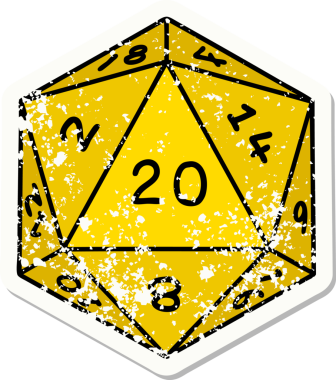 Bir insan tarafından çizilmiş 20 D20 zarının grunge sticker 'ı.