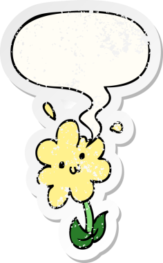 Konuşma baloncuğu olan karikatür çiçeği bir insan tarafından çizilmiş sıkıntılı eski bir çıkartma