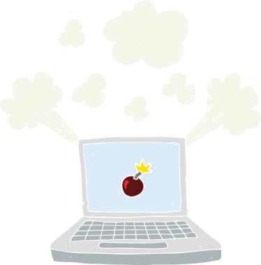 Bir insan tarafından çizilmiş bomba sembollü dizüstü bilgisayarın düz renk çizimi