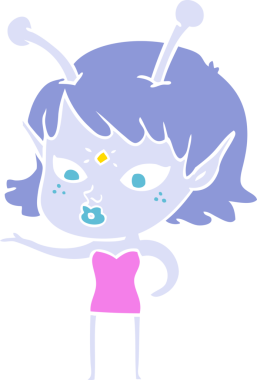 Bir insan tarafından çizilmiş düz renk çizgi film uzaylı kızı.