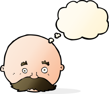 Düşünce baloncuğu çizilmiş bıyıklı kel bir adam.