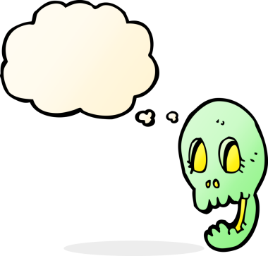 Bir insan tarafından çizilmiş düşünce baloncuklu komik bir kafatası.