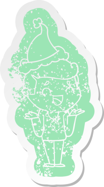 Bir insan tarafından çizilmiş, kafası karışmış, Noel Baba şapkası takmış, gülen bir adamın garip karikatürü.