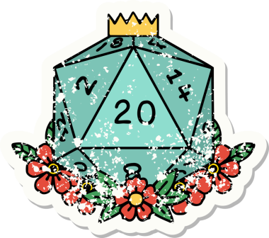 Bir insan tarafından çizilmiş çiçek elementleriyle 20 D20 zarının grunge sticker 'ı.