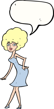 Bir insan tarafından çizilmiş konuşma balonuyla poz veren karikatür kadın.