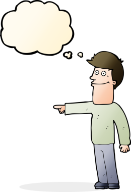 Bir insan tarafından çizilen düşünce baloncuğuyla işaret eden çizgi film adamı.