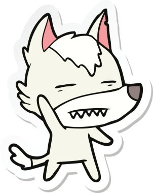 Bir insan tarafından çizilmiş dişleri gösteren bir kurt çizgi film çıkartması.