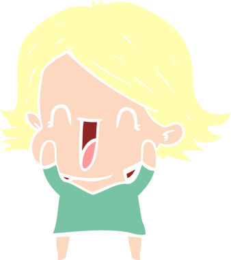 Bir insan tarafından çizilmiş düz renkli mutlu kadın çizgi filmi.