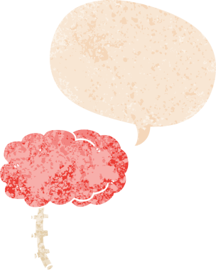 grunge 'da konuşma baloncuğu olan karikatür beyni bir insan tarafından çizilmiş gerilimli retro doku