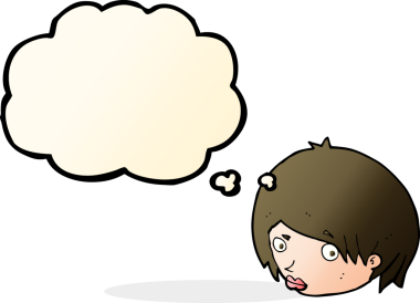 Bir insan tarafından çizilmiş düşünce kabarcığıyla kaşlarını kaldırmış bir kadın yüzü.