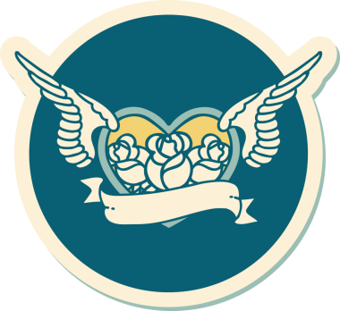 Geleneksel bir dövme stili. Uçan kalp. Çiçekler ve bir insan tarafından çizilmiş bayrak.