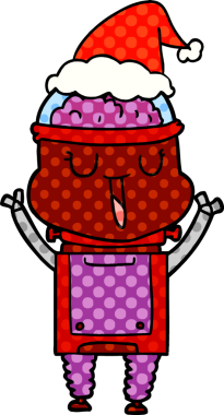 Bir insan tarafından çizilmiş Noel Baba şapkası takan bir robotun çizilmiş mutlu el çizimi çizgi roman tarzı.