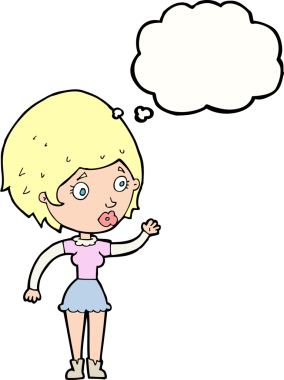 Bir insan tarafından çizilmiş düşünce baloncuğuyla el sallayan çizgi film kadını.