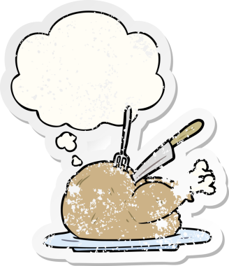 Düşünce baloncuklu çizgi film hindisi insan tarafından çizilmiş yıpranmış bir çıkartma gibi.