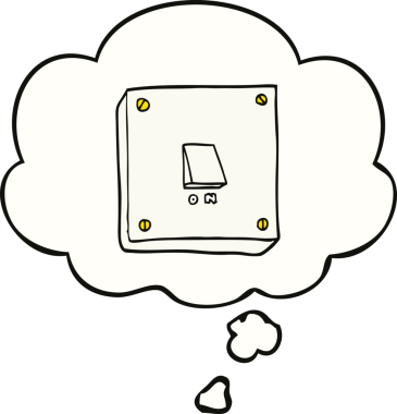 Bir insan tarafından çizilmiş düşünce baloncuklu çizgi film ışığı anahtarı