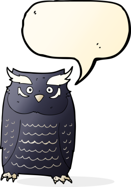 bir insan tarafından çizilmiş konuşma baloncuklu bir baykuş.