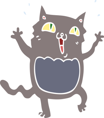 Düz renkli çizgi film. Bir insan tarafından çizilmiş çılgın heyecanlı kedi.