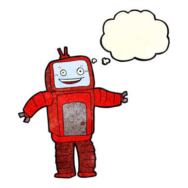 Bir insan tarafından çizilmiş düşünce baloncuklu komik robot.