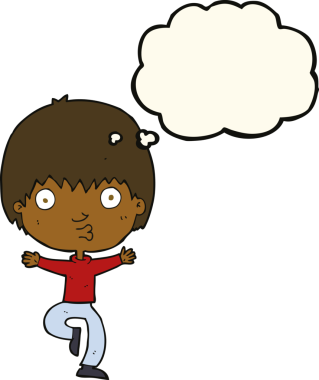 Bir insan tarafından çizilmiş düşünce baloncuğu olan heyecanlı çocuk.