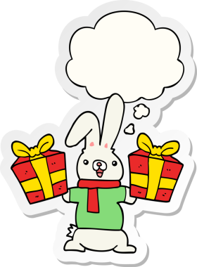 Yılbaşı hediyeli çizgi film tavşanı insan tarafından çizilmiş bir çıkartma olarak düşünce baloncuğu sunar.