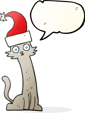 Bir insan tarafından çizilmiş Noel şapkalı serbest konuşma balonu çizgi filmi kedisi.