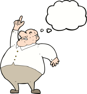 Bir insan tarafından çizilmiş düşünce baloncuğu olan şişman bir patron.