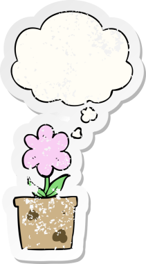 Düşünce baloncuğu olan sevimli bir karikatür çiçeği insan tarafından çizilmiş yıpranmış bir çıkartma gibi.