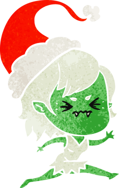 Bir insan tarafından çizilmiş Noel Baba şapkası takan vampir bir kızın eski bir çizgi filmi.