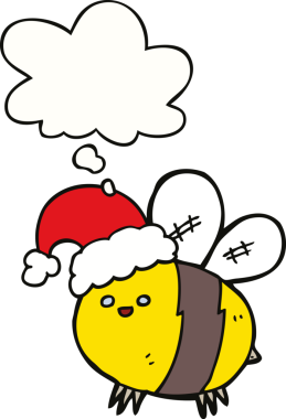 Bir insan tarafından çizilmiş düşünce balonlu Noel şapkası takan sevimli çizgi film arısı.