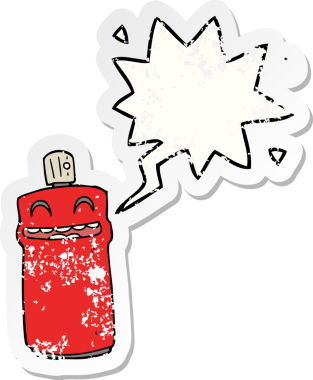 Bir insan tarafından çizilmiş, sıkıntılı, eski bir çıkartma olan konuşma balonuyla dolu bir çizgi film spreyi.