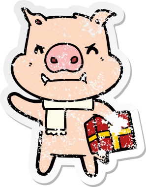 Bir insan tarafından çizilmiş Noel hediyeli kızgın bir domuzun sıkıntılı çıkartması.