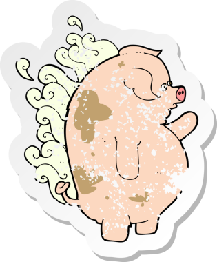 Bir insan tarafından çizilmiş şişman, kokuşmuş bir domuzun retro sıkıntılı çıkartması.