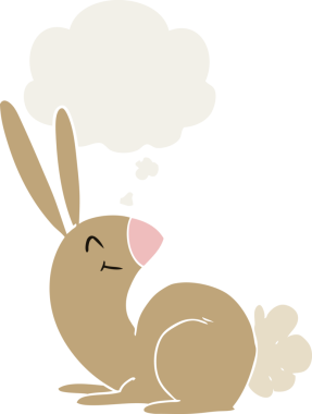 Bir insan tarafından çizilmiş düşünce baloncuklu sevimli çizgi film tavşanı.