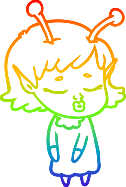 Gökkuşağı gradyan çizgisi. Bir insan tarafından çizilmiş şirin bir uzaylı kız çizgi filmi.