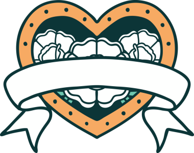 İkonik dövme stili bir kalp ve bir insan tarafından çizilmiş çiçekli pankart.