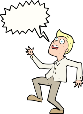 Bir insan tarafından çizilen konuşma baloncuğuyla panikleyen çizgi film adamı.