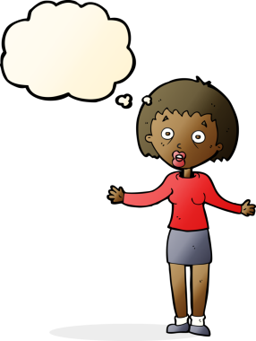 Bir insan tarafından çizilmiş düşünce baloncuğuyla bahaneler üreten çizgi film kadını.