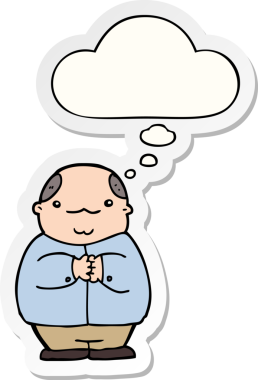 Düşünce baloncuğu insan tarafından çizilmiş bir çıkartma olan kel bir adam.