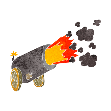 Freehand retro çizgi filmi. Bir insan tarafından çizilmiş büyük top atışı.