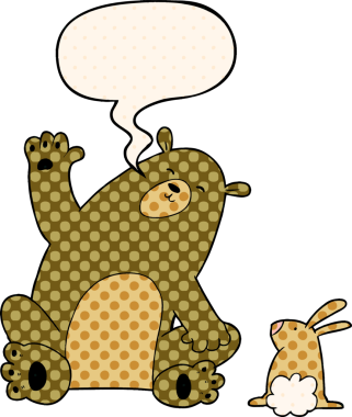 Bir insan tarafından çizilmiş çizgi roman tarzında konuşan ayı ve tavşan arkadaşları.