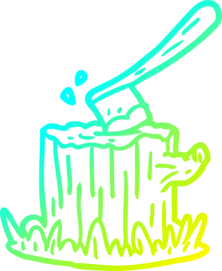 Bir insan tarafından çizilmiş ağaç kütüğüne saplanmış bir baltanın soğuk eğimli çizgisi.