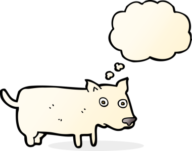 Bir insan tarafından çizilmiş düşünce balonu olan küçük bir köpek.