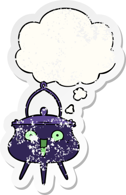 Düşünce baloncuklu cadılar bayramı kazanı karikatürü bir insan tarafından çizilmiş yıpranmış bir çıkartma.