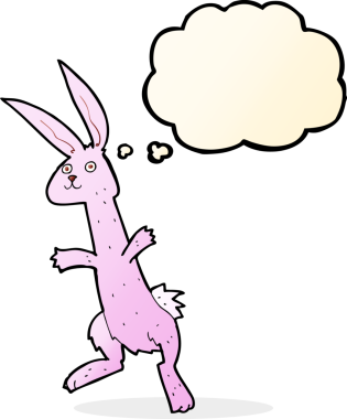 Bir insan tarafından çizilmiş düşünce kabarcığı olan çizgi film tavşanı.