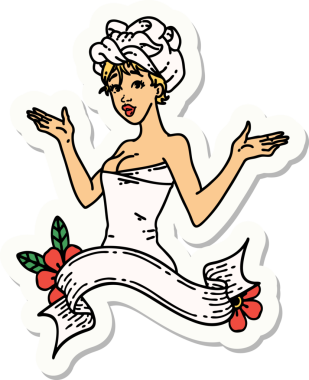 Geleneksel stil dövme çıkartması. Havlulu bir kız. Afişi insan tarafından çizilmiş.