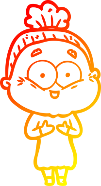 Bir insan tarafından çizilmiş mutlu, yaşlı bir kadının sıcak çizgi çizimi.